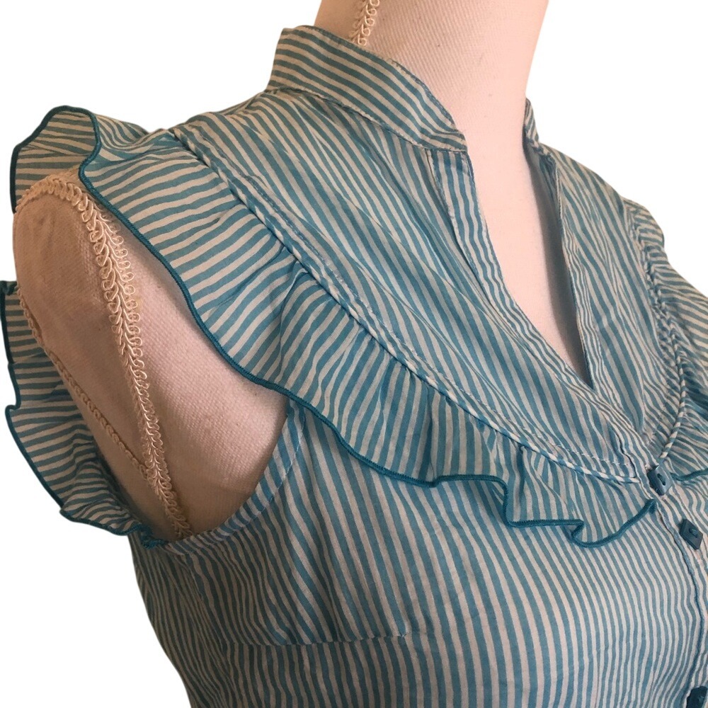Zara Striped Ruffle Blouse Womens Small Teal White Sleeveless Button Up - Picture 5 of 10